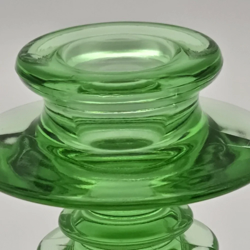 Vintage Pair Of Green Uranium Glass Candle Holders Depression Vaseline UV Glow